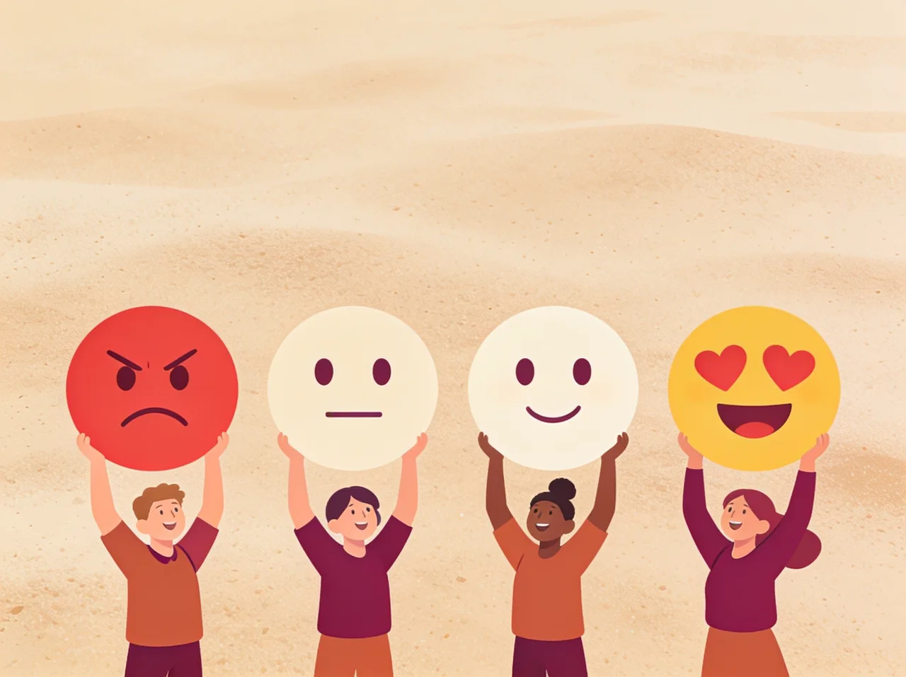 People holding up emoji rating faces